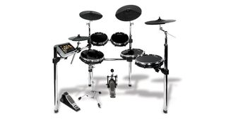 The DM Dock Kit is a six-drum, four-cymbal drum set based around the DM Dock, a drum module for iPad