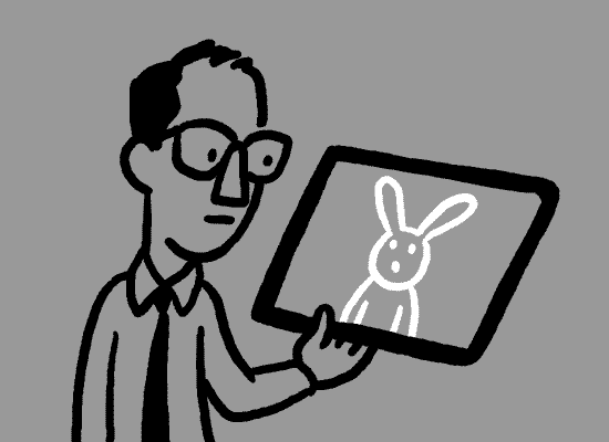 man with ipad of rabbit drawing