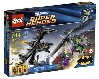 The Joker is hanging over Gotham City on a dare defying ladder getting ready to drop a toxic laughing gas bomb. Can Batman get him before it's too late? Set includes three Minifigures: Batman, The Joker and a henchman.