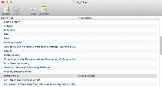 A translator can view a POT file and translate each string of text using software like Poedit