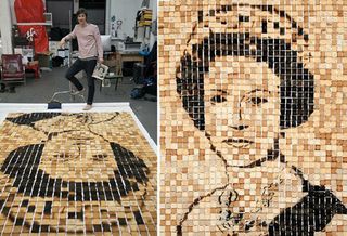 Another food inspired piece: Hargreaves charred 900 slices of bread to create each member of the Beatles, a picture of Marilyn Monroe and a portrait of the Queen