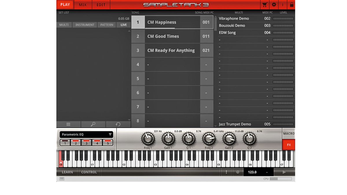 The Live page lets you combine Multis into Songs for easy live recall