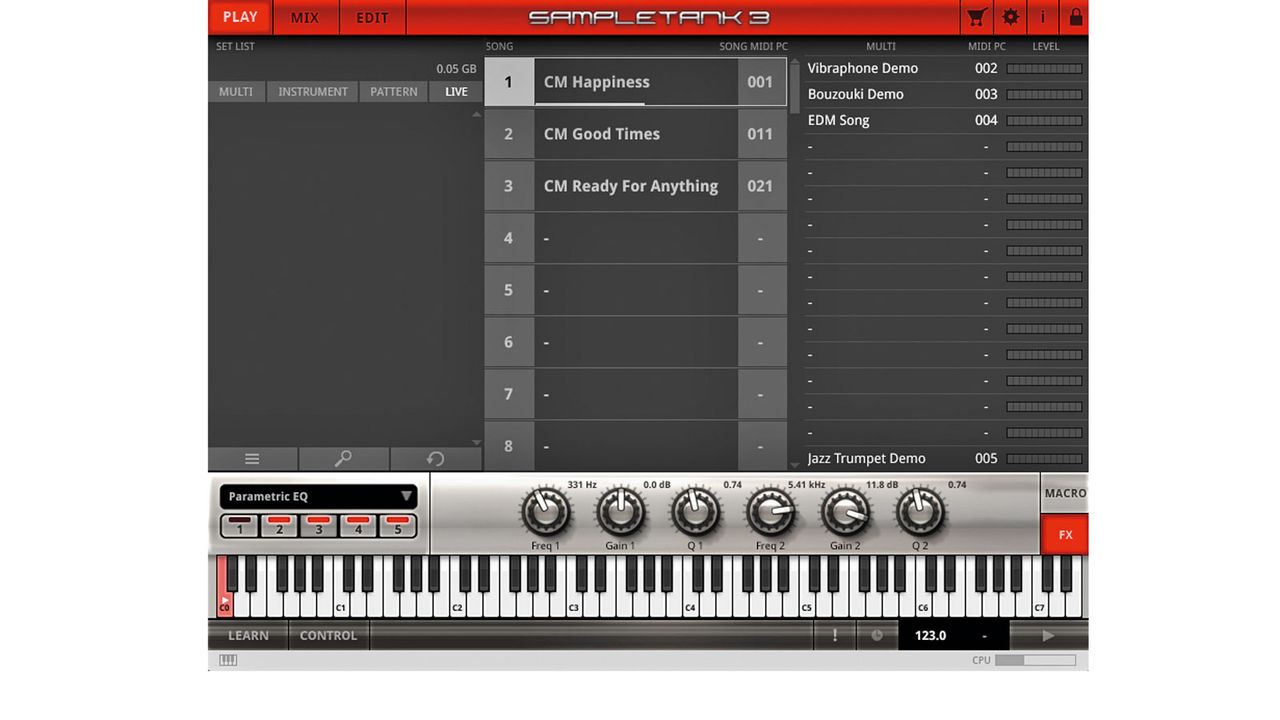 The Live page lets you combine Multis into Songs for easy live recall