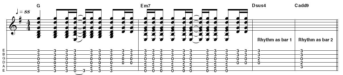 Ex 3: Finally a classic example of how Noel Gallagher would strum chords by keeping the same notes fretted on the top two strings. Without taking anything away from his songwriting skills, it's this simplistic 'guitar-ism' that creates the seemingly sophisticated chord names shown in the music.