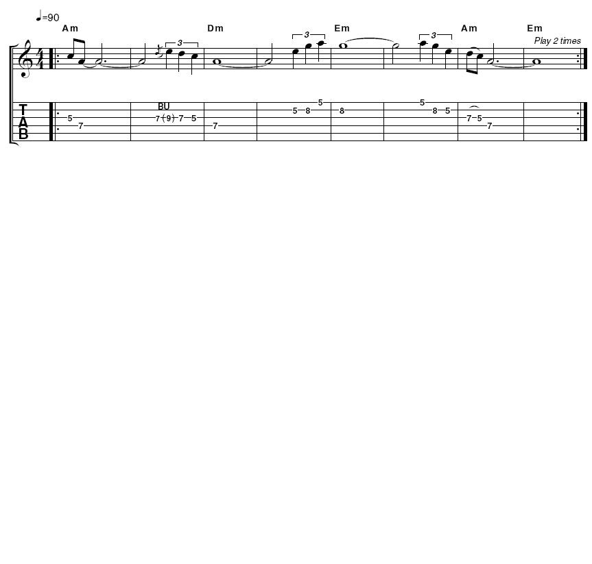 Example 1: Minor pentatonic scale. This is a simple solo. Make sure you listen to how the scale sounds as you play it.
