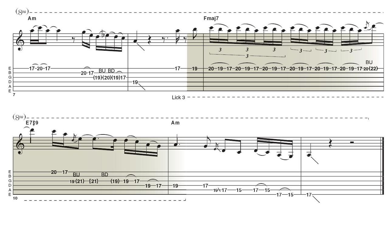 Lick 3: Another Santana trademark, the repetitive slur can also be overdone. This little triplet idea way up at the 20th fret on the first string is simple to execute, providing you pull off the second and third notes of each triplet using a strong &lsquo;snapping&acute; motion.