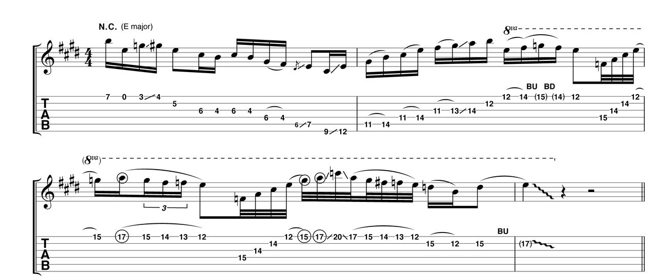 Example 1: In bar 2 try to emulate John 5's smooth pick action as you move across the strings. It's this close attention to economy of movement in both hands which leads to accurate speed riffing.