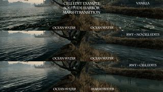 Best Skyrim mods — a series of screenshots of a riverside pond, each with different visual modifications, showing the different configuration options for the visual improvements in the available in the Realistic Water Two mod