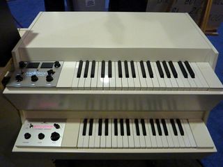 The new digital Mellotron on top of an analogue Mellotron Mk VI, exhibited at the Big City Music stand at NAMM 2010