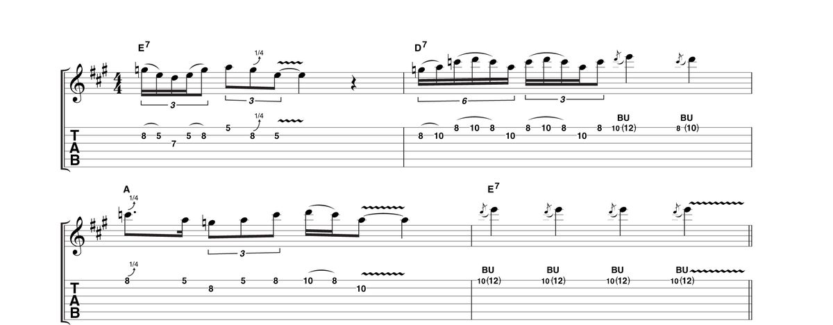By this time you'll be realizing that Buddy could create a mesmerising solo with hardly any position changes. The rhythm of the phrasing is paramount. Work through slowly at first, then give yourself a free rein to vary the rhythm, without getting tempted to do runs up and down the fretboard.