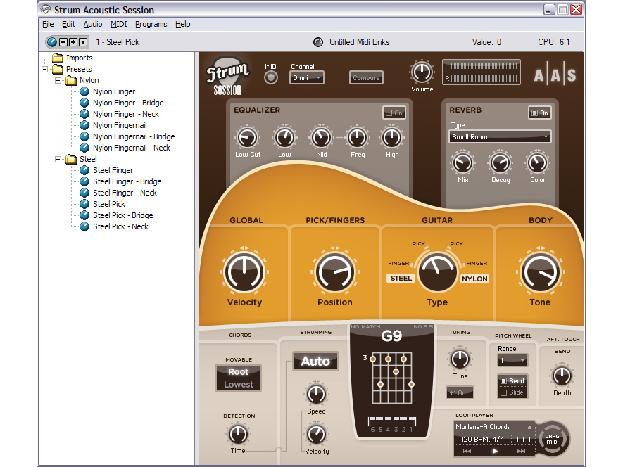 Strum Acoustic Session emulates nylon- and steel-stringed guitars.