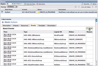 Now that you've entered all your WordPress stack details, you can sit back and frantically click Refresh on the Stack Events page to watch your creation coming to life