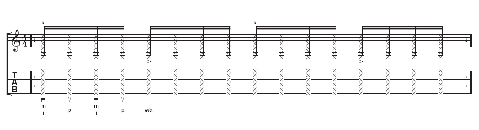 Tab: The basic rhythm - Mute all the strings, but don't worry about hitting all six with every stroke. It's more important to develop a smooth wrist action that produces evenly spaced beats. Add the accents when you have settled into the groove.