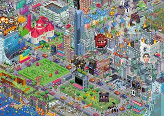 Pixel art: overhead view of downtown city area