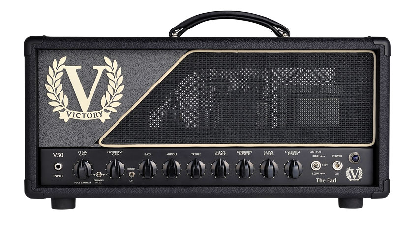 The amp&#039;s angled grey panel and prominent Victory badge certainly help it stand out