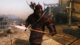 Best Skyrim mods — a Redguard warrior bears a curved saber in one hand, and a javelin in the other.