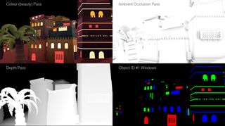 Ambient Occlusion, Depth, Object IDs, Motion and Colour passes are rendered as sequences for compositing in After Effects