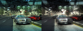 Burnout Paradise with ENB preset effects on the right and default graphics on the left.