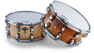 With a thin, 3mm shell, the Flame Birch snare (left) makes for a lighter drum