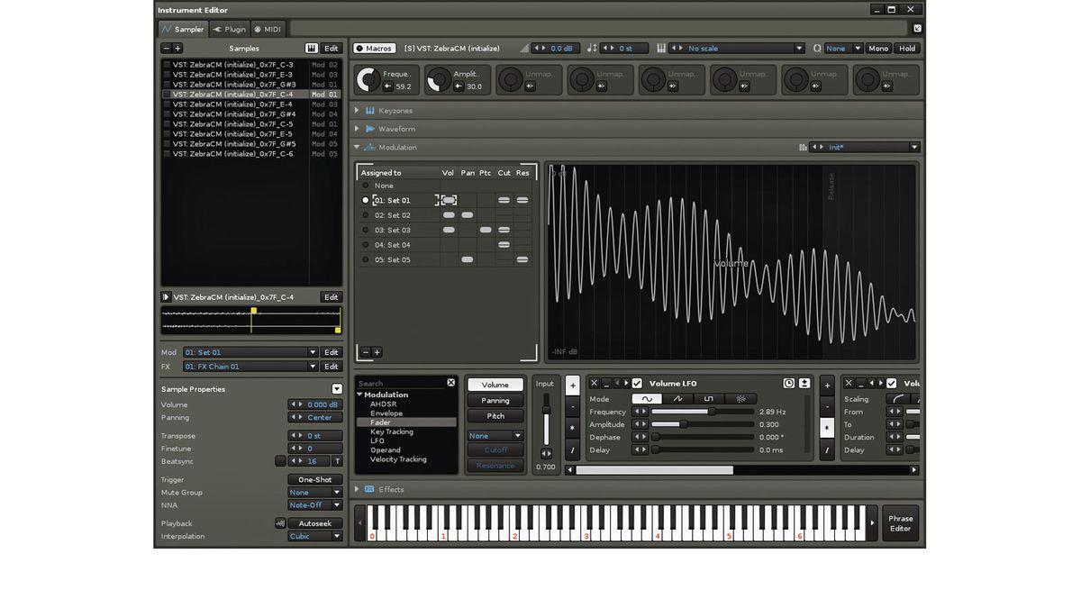 A multisampled instrument, rendered from a plugin instrument, assigned to multiple Modulation Sets
