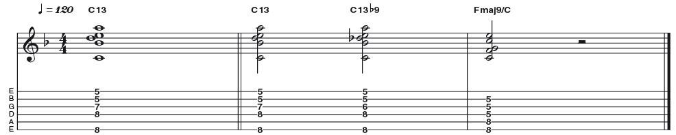 Example 39: Dominant 13 to 13B9 - Two ideas for the price of one this time! First up, a nice sounding dom 13 (R 3 5 b7 9 11 13) which can easily be manipulated to form a 'jazz-tastic' 13b9 voicing which increases the amount of tension felt as the V chord (C13) resolves to the I (Fmaj9). Nice!