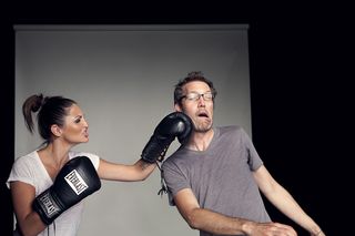 Jesse Rosten takes one on set from one of the team who helped him make Fotoshop.