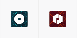 Uber logos - a circle with a section missing, and a hexagon with a section missing, on coloured patterned backgrounds