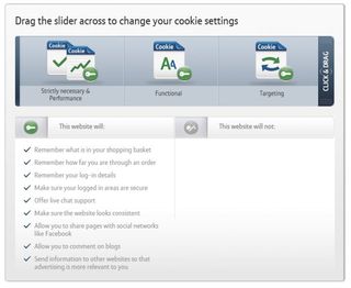 BT's cookie settings, controlled via a slider, begin with implied consent