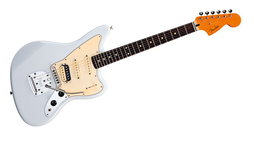 The alder body is all-Jaguar, with the classic offset shape and smooth contours enhanced by a high- shine polyester paint job executed in Faded Sonic Blue