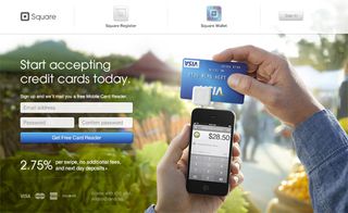 Square's homepage is dominated by a huge background image