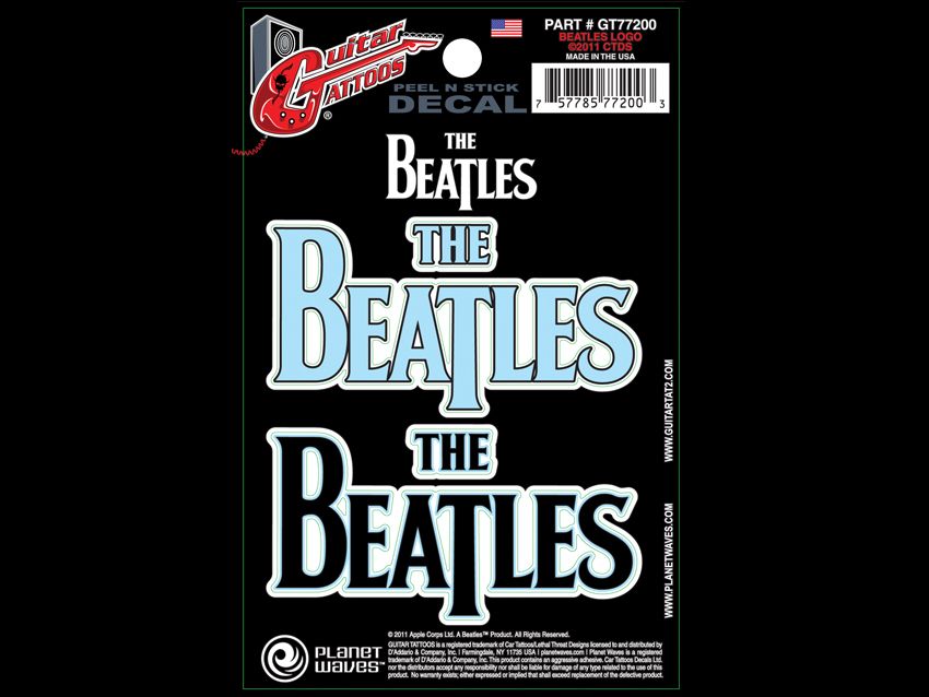 "Offering two tattoos in one, The Beatles Logo comes in light blue or black to complement any guitar."
