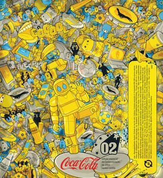 Coca-Cola asked Guilherme Marconi to reflect Brazil's victory at the 2002 World Cup in Japan and South Korea. "I've mixed icons from Brazilian and Oriental culture," he explains