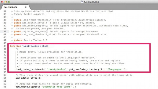 The Twenty Twelve WordPress theme uses the text domain 'twentytwelve', declared in the functions.php file