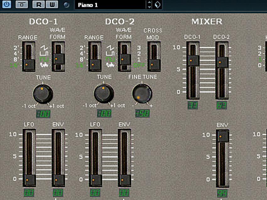 Set DCO-1's Waveform to the square shape, take the DCO-2 Range slider down to 16' and move the DCO-2 Tune knob to 00. Next, set DCO-2's Fine Tune to -50 and tap the orange Mono button (on the far right) for monophonic operation. This simple patch comprising two heavily detuned square waves is the basis for several garage and rave sounds.