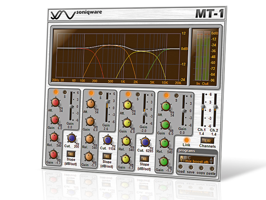 MT-1&#039;s graph displays crossover points, and there are controls for each band.