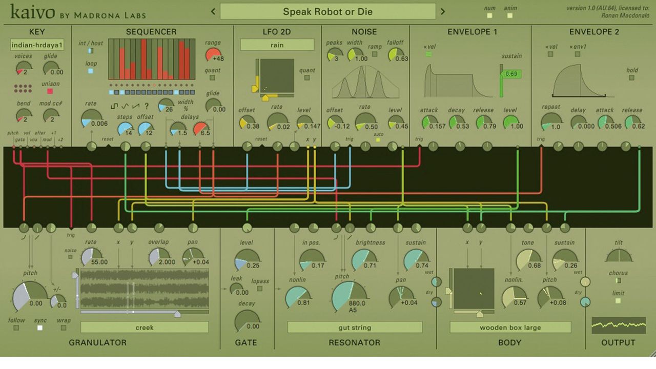 aivo's modulation sources and MIDI triggering parameters are mapped by dragging virtual cables from their output nodes