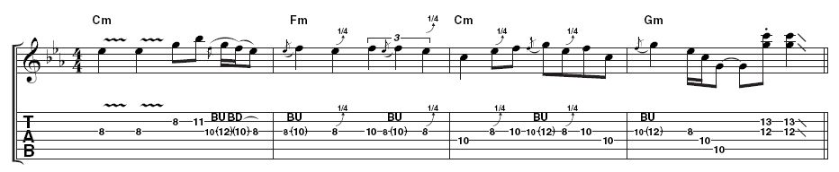 Lick 5: This is a great way to bring an Albert King-style solo to its conclusion. Again, whole and quarter-tone bends abound, but there are less pentatonic freakouts and a couple of cheeky stabs at the end.