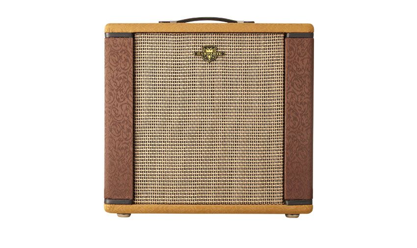 The amp is covered with a two-tone blend of antique gold and chocolate brown patterned upholstery cloth