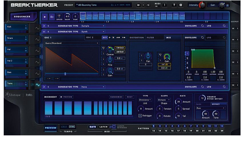 Each track hosts three Generators - synth or sampler - including modulation, processing and mix controls