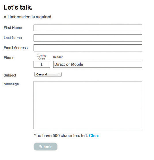 Here’s a great example of a typical desktop browser-based contact form: the MCD Partners website (mcdpartners.com/contact). Notice the field titles are left-aligned on this version of the form.