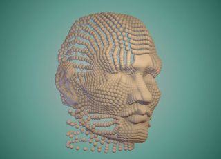 Here a human head object is used to array spheres at every vertex. A noise field displaces the spheres, which is animated to a zero value, gradually forming the head