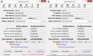 LAN Speed Test results, Ethernet only on the right and DoubleShot on the left. Not much of a difference, and it’s in Ethernet’s favor.