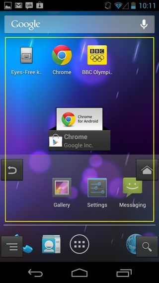 The Android home screen showing Eyes-Free navigation on the bottom third of the screen