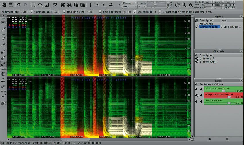 You can select a part of one layer's spectrum to surgically remove and apply to another layer