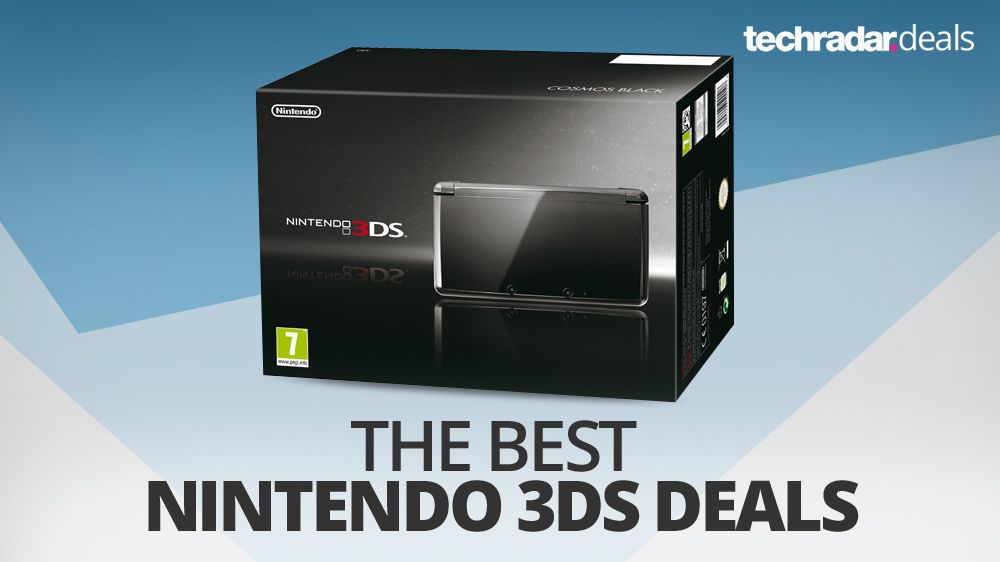 The Nintendo 3DS box on Techradar&#039;s blue and white deals background design