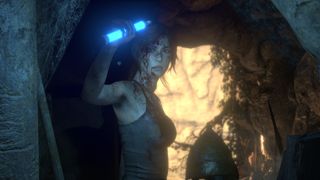 Lara Croft with a blue glow stick