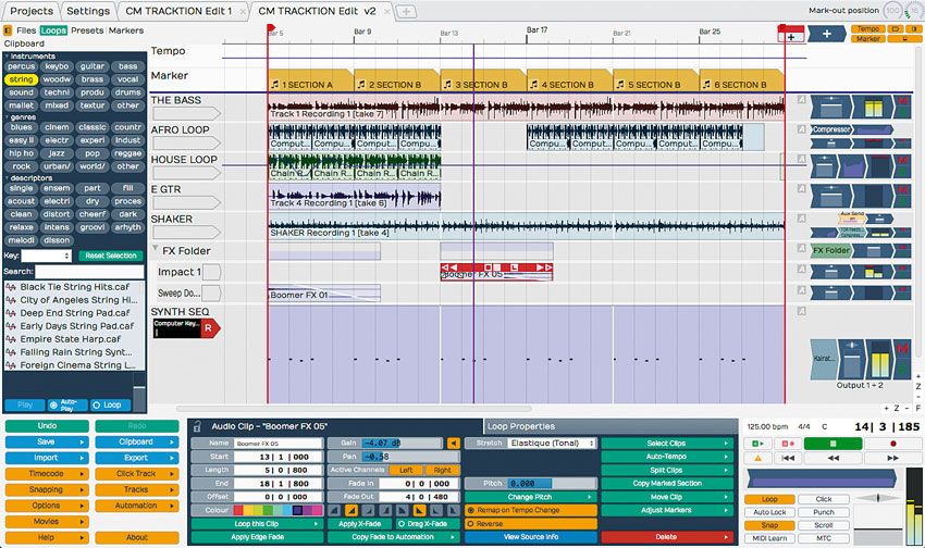 One of Tracktion's defining features is its single-screen workspace, in which all recording and editing of audio and MIDI is done