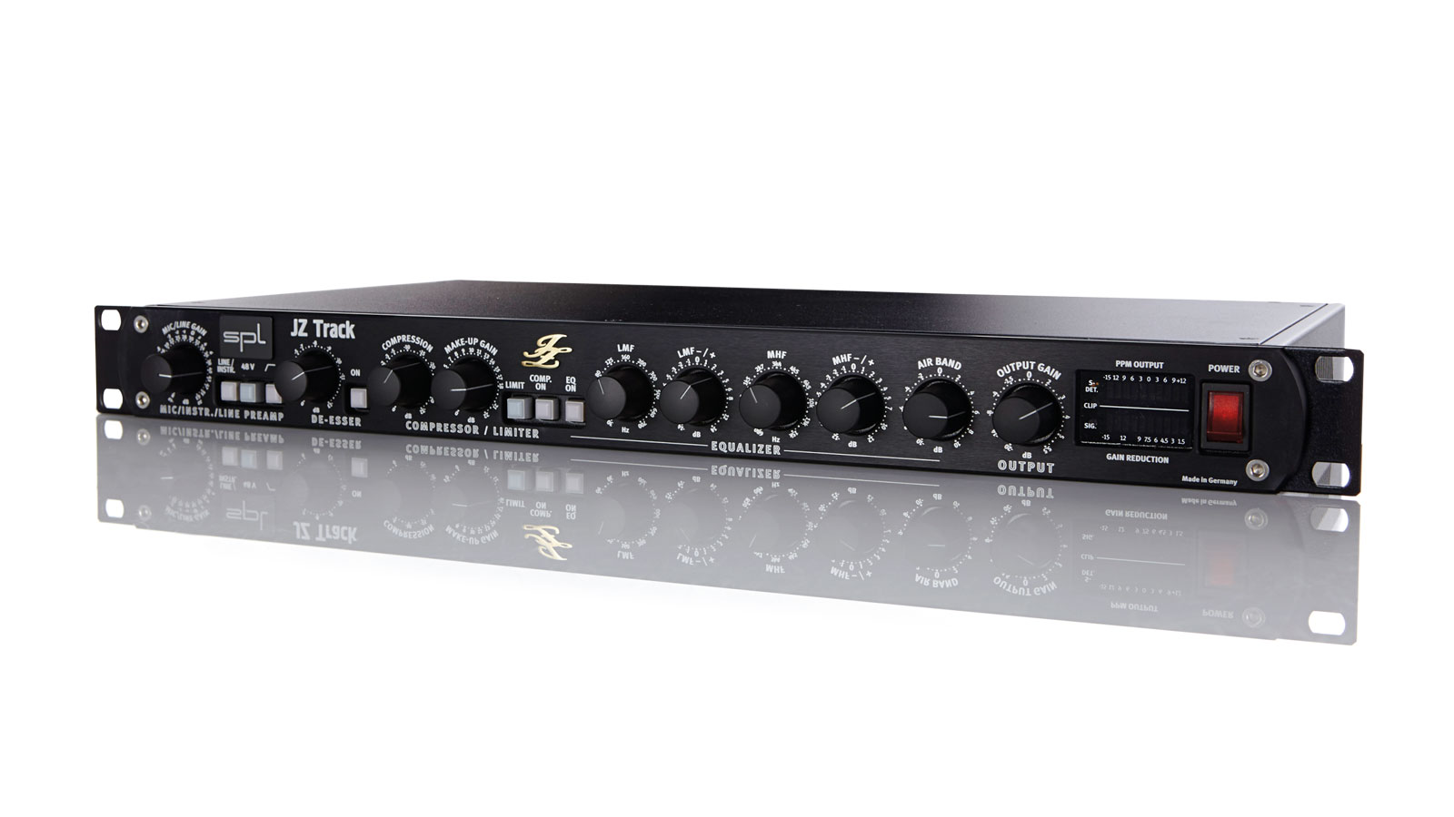 The JZ Track provides mic (XLR) and instrument/line (1/4-inch jack inputs) feeding a de-esser, compressor/limiter and a three-band EQ