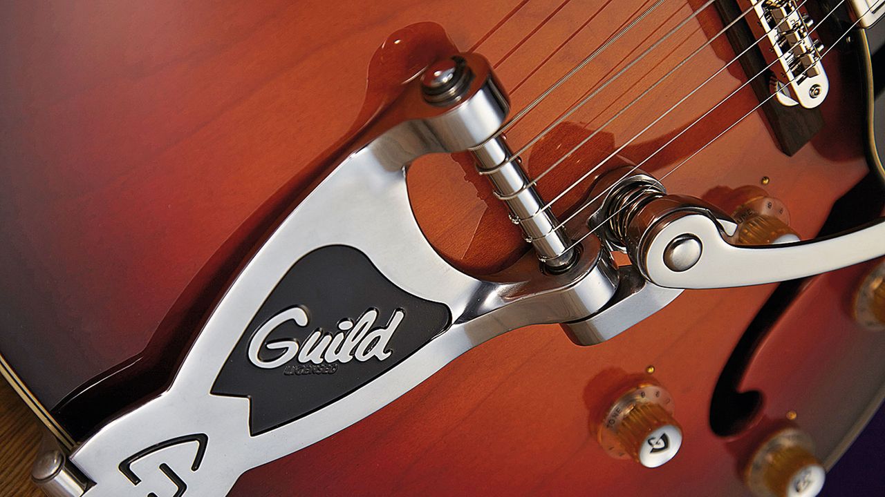 The original Guild-design 'B-2' vibrato was conceived by Guild employee Gilbert Diaz, and made by Bigsby