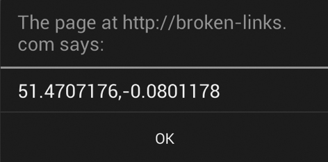 Coordinates obtained through the geolocation object, referencing the street I live on; please don’t stalk me